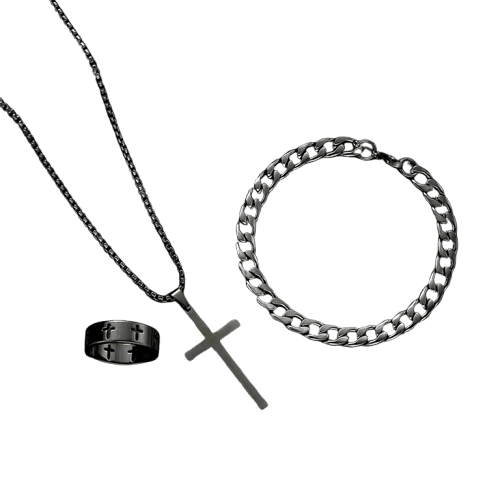 Men’s Cross Necklace Jewelry Set | Black Stainless Steel Chain Bracelet and Ring
