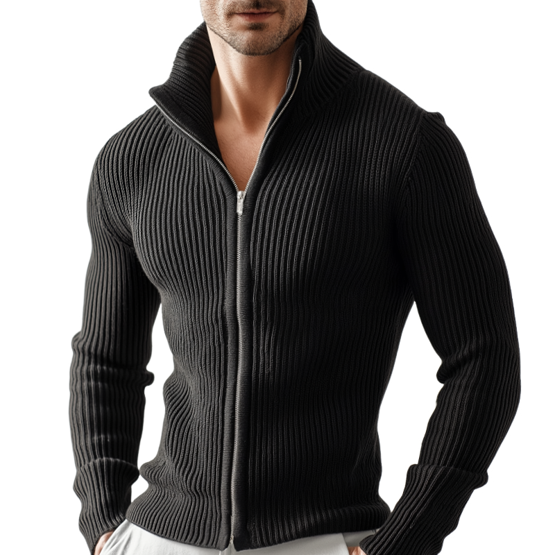 Men's Retro Casual Solid Color Knitted Zipper Sweater Cardigan