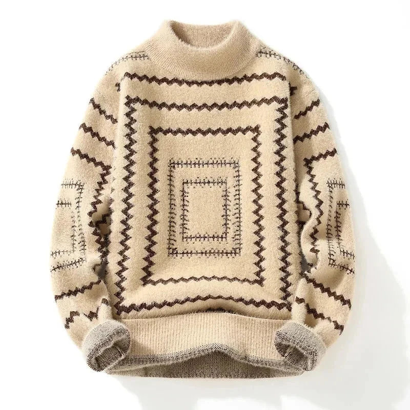 Men’s Turtleneck Knitted Sweater | Warm Beige Wool Sweater with Zigzag Pattern